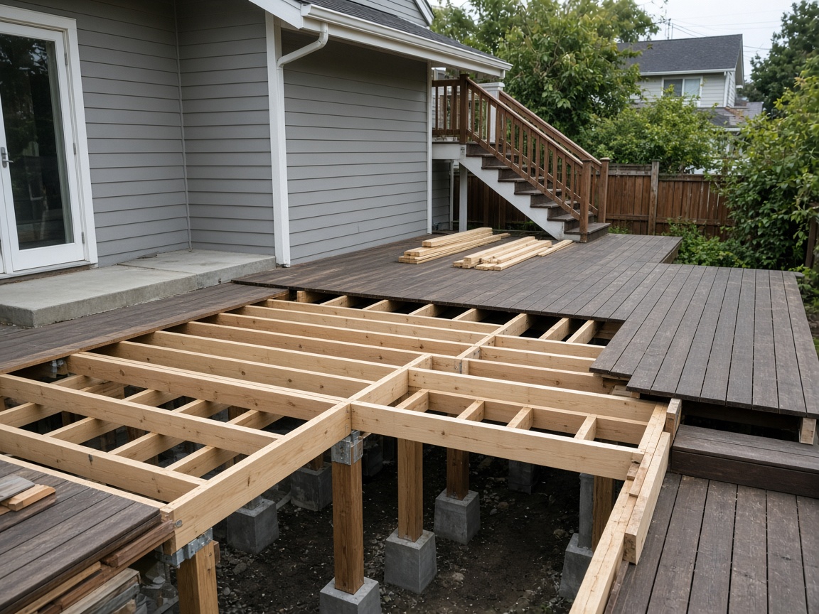 Residential deck framing prepared for professional repair